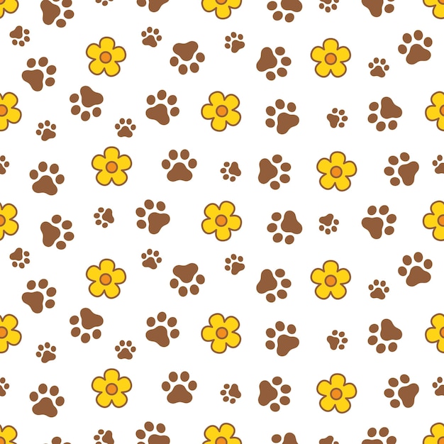 Vetor desenho sem costura de pata de cachorro flor amarela daisy pegada de desenho animado