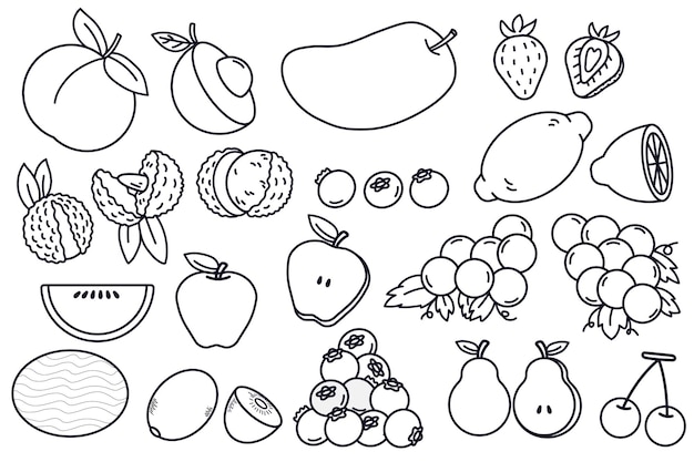 Vetor desenho simples de frutas em preto e branco para livro de colorir