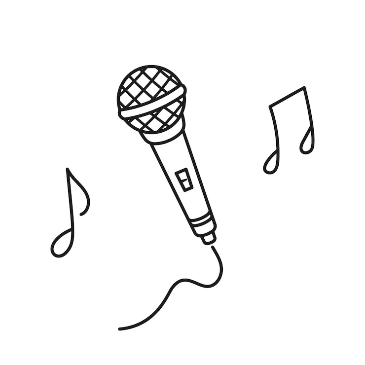 Vetor desenho simples de um microfone e notas musicais em um fundo branco representando música