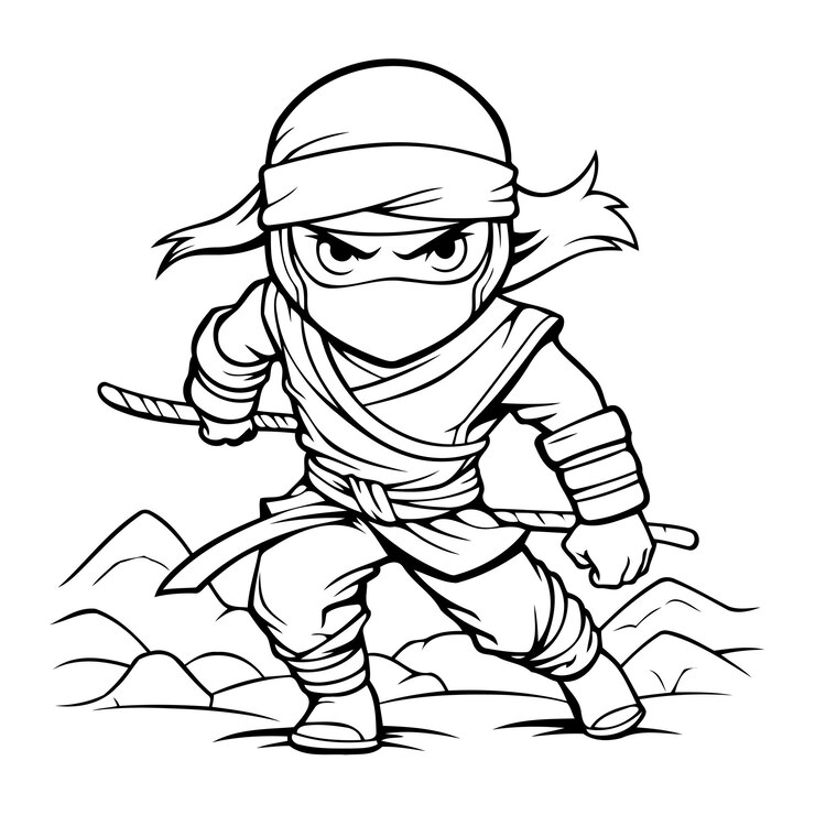Vetor desenho único de contorno ninja em estilo de desenho animado para colorir páginas de livros ou como ícone de contorno