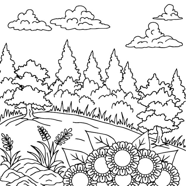 Vetor desenho vector coloração página paisagem natureza