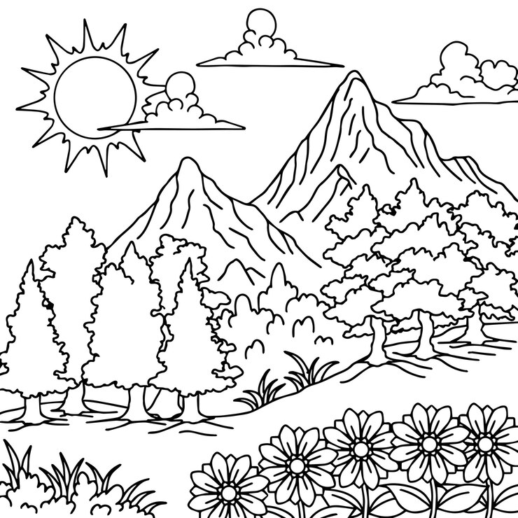 Vetor desenho vector coloração página paisagem natureza