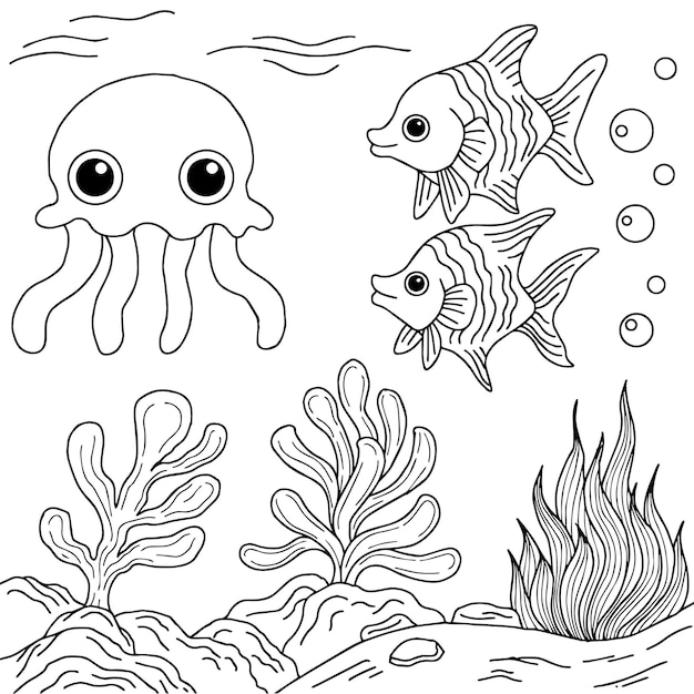 Desenho vector peixes e águas-vivas aquarium coloring page for kid