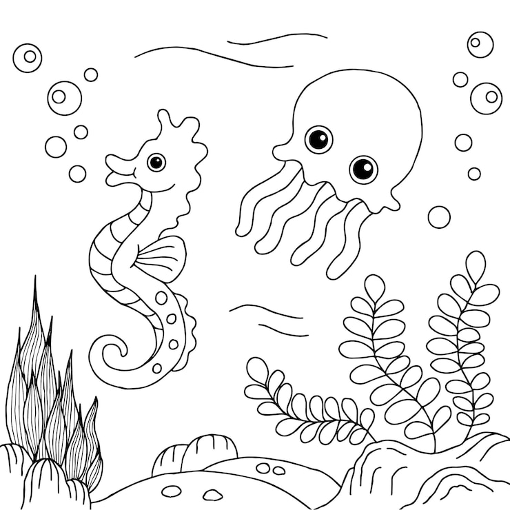 Vetor desenho vector seahorse e jelly fish aquarium página para colorir para criança