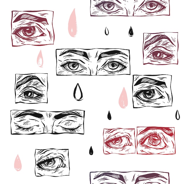 Desenho vetorial abstrato de estoque plano gráfico ícone ilustração esboço, padrão sem emenda com olhos femininos de manga, gotas e formas de colagem texturizada simples isoladas em fundo rosa pastel.