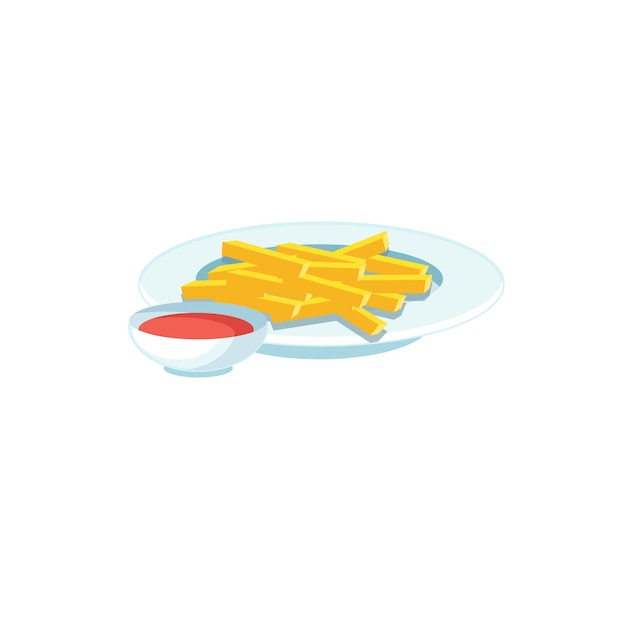 Vetor desenho vetorial batatas fritas planas no prato com um copo de molho isolado em uma dieta de fast food vazia e conceito de alimentação saudável, design de banner de site da web