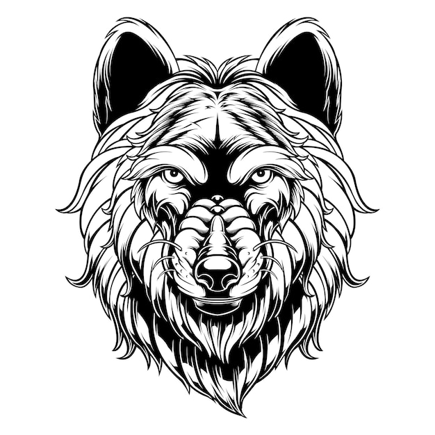 Vetor desenho vetorial cabeça de lobo preto e branco