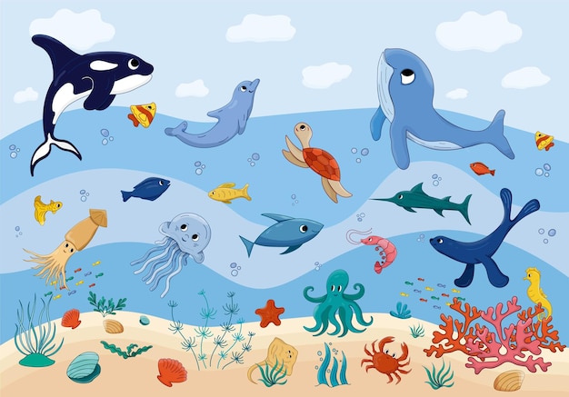Desenho vetorial Cena mundial subaquática oceano vida marinha Submarino corais algas marinhas peixe polvo cavalo-marinho água-viva tartaruga estrela do mar lula camarão golfinho assassino baleia baleia conchas de arraia