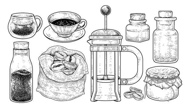 Desenho vetorial conjunto de ferramentas para cafeteira ilustração de elementos desenhados à mão