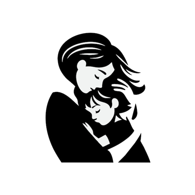 Desenho vetorial da silhueta da mãe abraçando seu filho