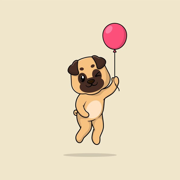 Vetor desenho vetorial de cachorro pug bebê fofo flutuando segurando ilustração de ícone de balão