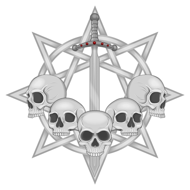 Desenho vetorial de caveiras com espada e estrela
