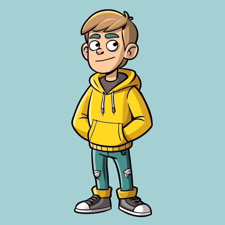 Vetor desenho vetorial de desenho animado legal de homem de capuz amarelo e jeans slim fit