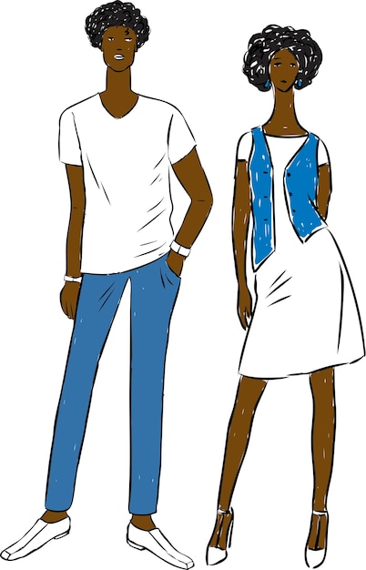 Desenho vetorial de dois jovens em roupas de jeans de algodão de verão