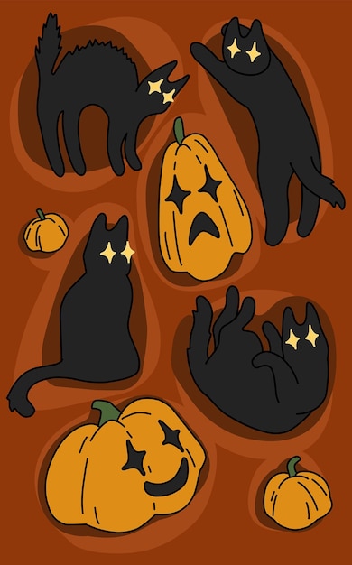 Desenho vetorial de gatos pretos com abóboras de halloween em um fundo laranja