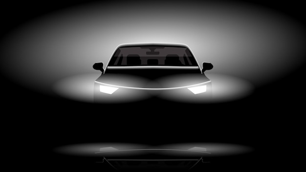 Vetor desenho vetorial de ilustração de silhueta de veículo de carro de vista frontal em fundo de estúdio preto