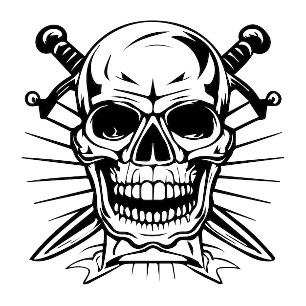 Desenho vetorial de ilustração de tatuagem de crânio e espada