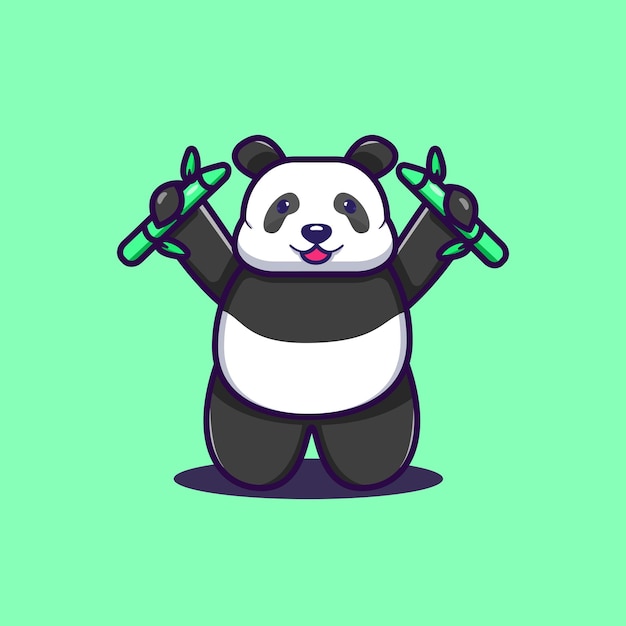 Desenho vetorial de ilustração dos desenhos animados de panda segurando bambu ou sua comida