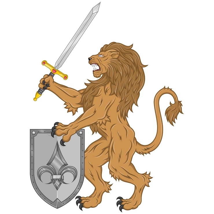 Vetor desenho vetorial de leão com espada e escudo