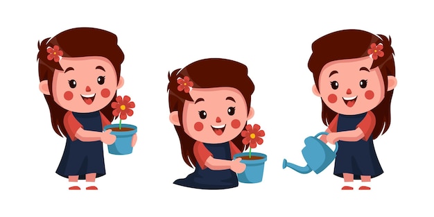 Desenho vetorial de menina alegre regando flores adequadas para livros infantis e adesivos