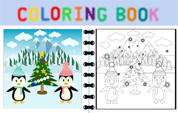 Desenho vetorial de pinguins fofos com árvore de natal no fundo da neve livro ou página para colorir