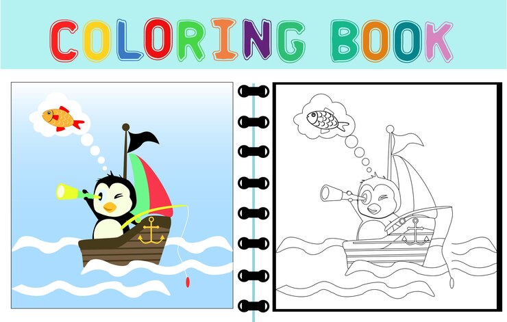 Vetor desenho vetorial de pinguins fofos pescando livro de colorir ou página com personagem de desenho animado fofinho