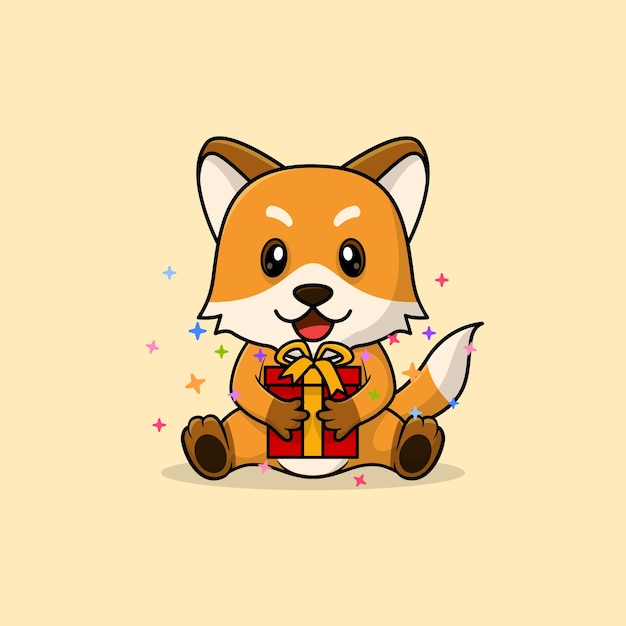 Desenho vetorial de raposa bebê fofo feliz segurando ilustração de ícone plana de presente