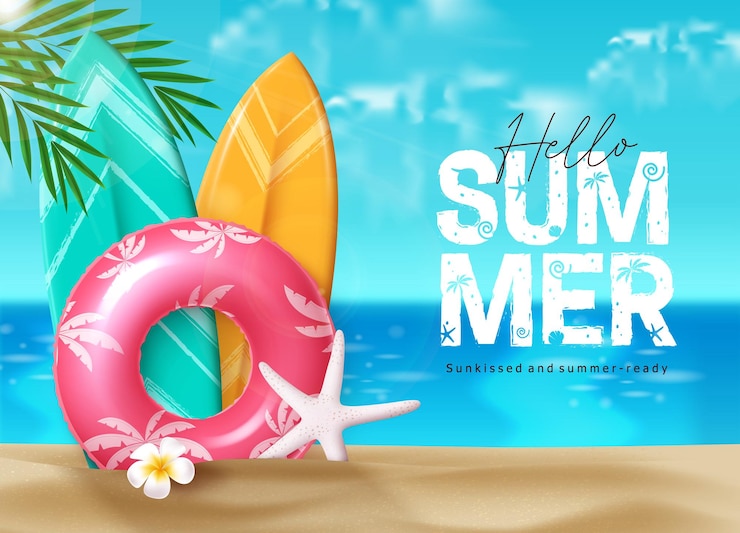 Vetor desenho vetorial de saudações de verão saudação de verão texto de saudação com surfboard flutuante e estrela-do-mar