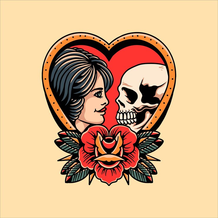Vetor desenho vetorial de tatuagem de menina e caveira