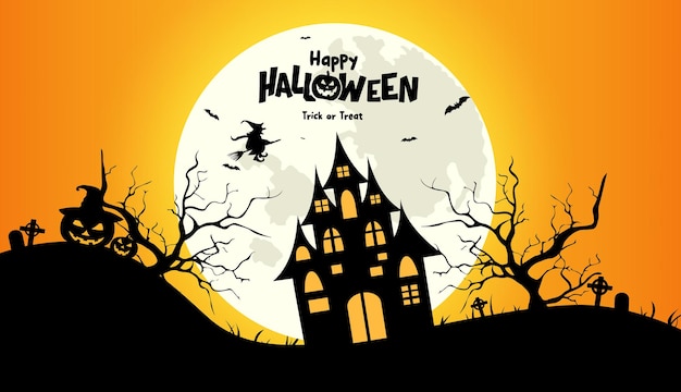 Desenho vetorial de texto de Halloween feliz cena de horror de Halloween com mansão assombrada assustadora e assustadora