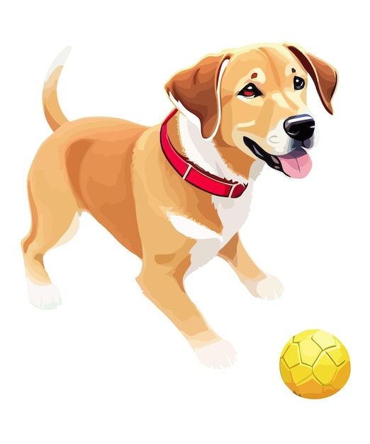 Desenho vetorial de um cachorro golden retriever brincando com uma bola de futebol em fundo branco