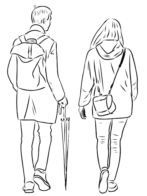 Desenho vetorial de um casal de jovens estudantes andando pela rua da cidade