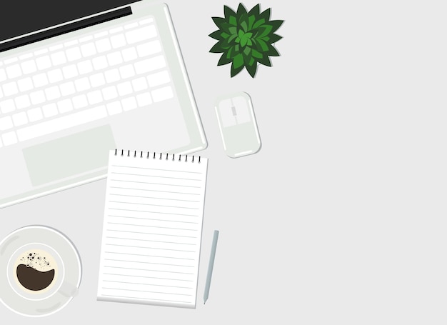 Desenho vetorial de um laptop aberto com um teclado branco, ao lado de um mouse sem fio e café. Vista de cima