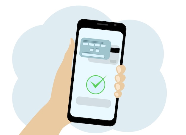 Desenho vetorial de um telefone celular em que o pagamento com cartão é confirmado