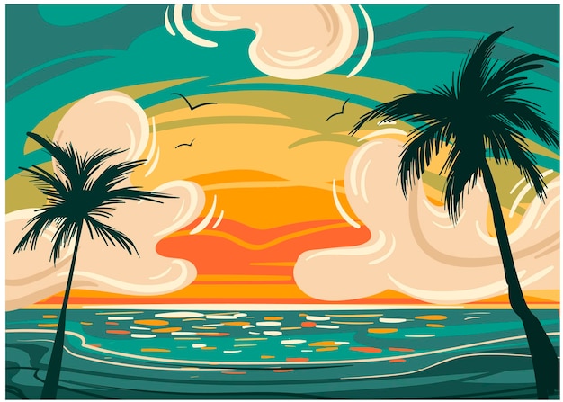 Vetor desenho vetorial de uma bela paisagem tropical, um belo nascer do sol, um belo pôr do sol no mar