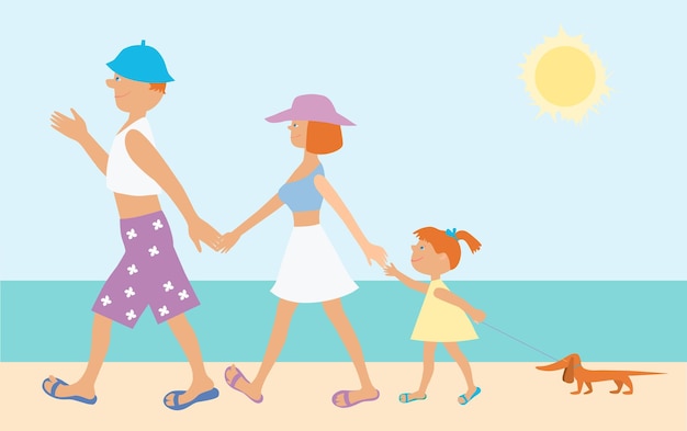 Desenho vetorial de uma família engraçada de desenho animado andando na praia