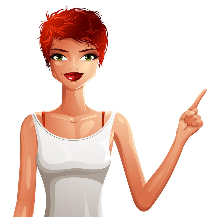 Vetor desenho vetorial de uma jovem bonita com corte de cabelo curto feminino na moda. ilustração em vetor de uma mulher ruiva apontando algo para o lado com o dedo, isolado no fundo branco.