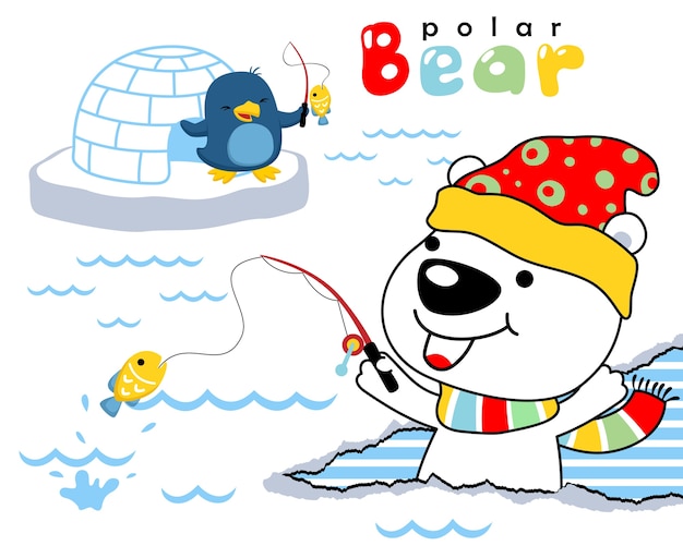 Desenho vetorial de urso polar com pesca de pinguim