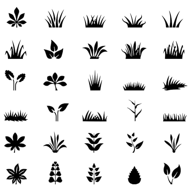 Vetor desenho vetorial desenhado à mão set de ícones de grama esboço em preto e branco fundo transparente