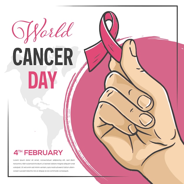 Desenho vetorial do dia mundial do câncer desenhado à mão com ilustração de fita de mão segurando para campanha