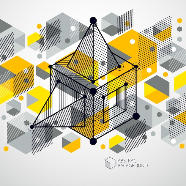 Vetor desenho vetorial do sistema industrial amarelo criado com linhas e cubos 3d. a composição geométrica moderna pode ser usada como modelo e layout.