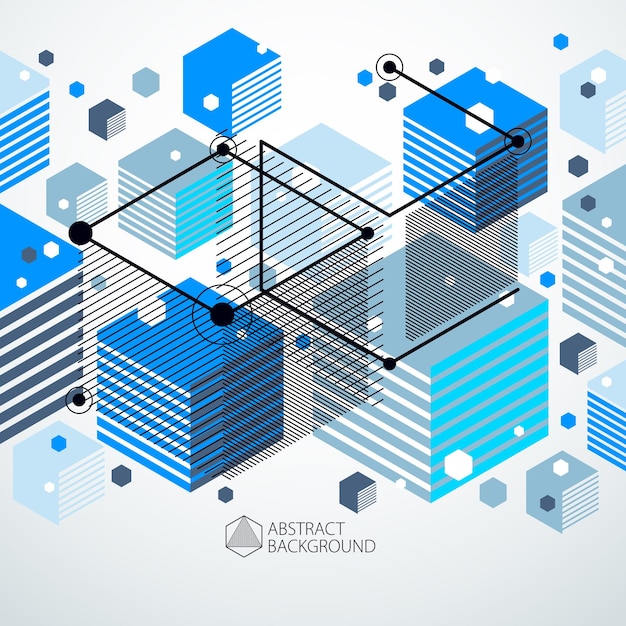 Desenho vetorial do sistema industrial azul criado com linhas e cubos 3d. a composição geométrica moderna pode ser usada como modelo e layout.