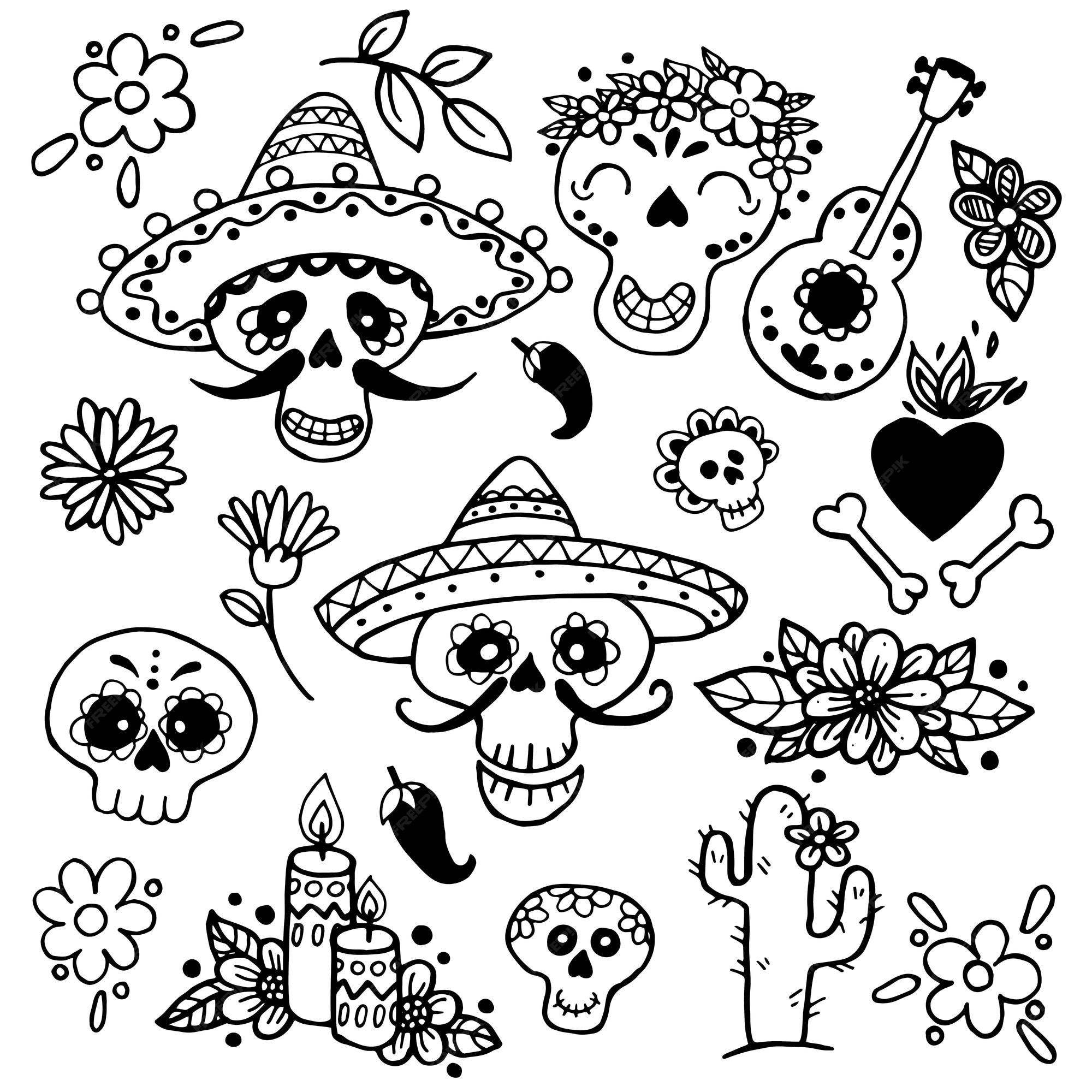 Desenho vetorial em estilo doodle. conjunto de desenhos engraçados dia dos  mortos no méxico. alegre pintado