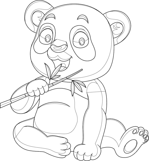 Vetor desenho vetorial engraçado panda comendo folhas de bambu para colorir