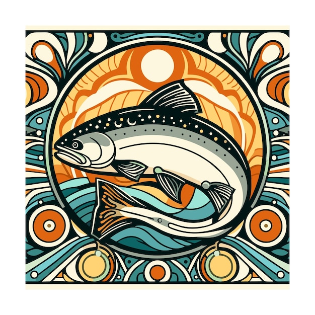 Desenho vetorial plano de peixe salmão em estilo art nouveau