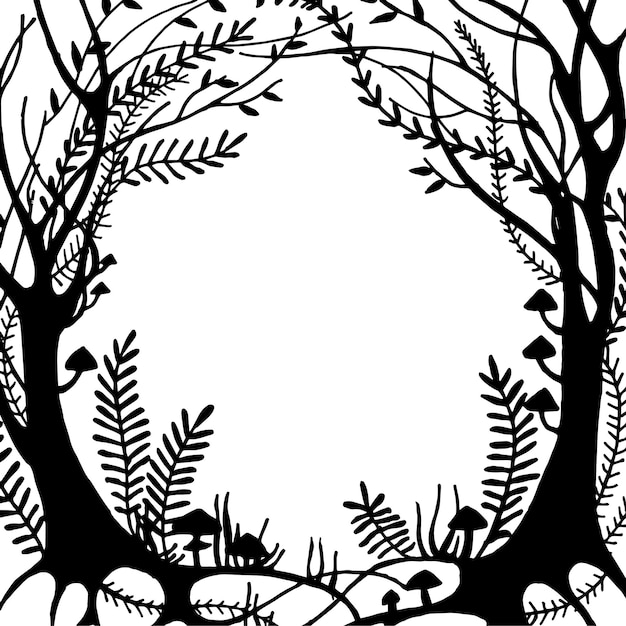 desenho vetorial silhueta de quadro de floresta mágica preto e branco de uma fabulosa floresta mágica