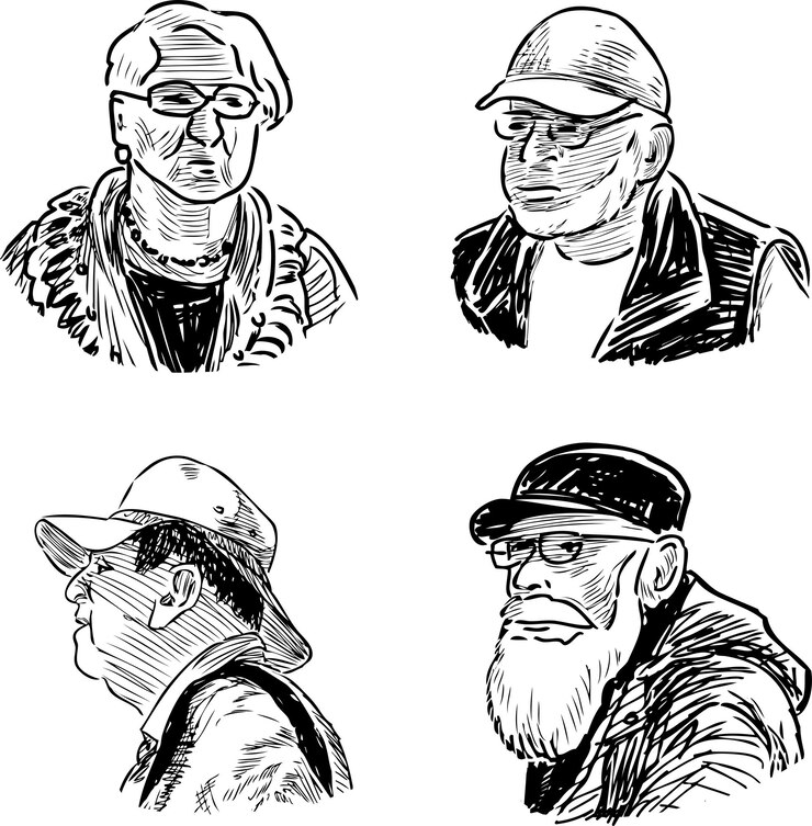 Vetor desenhos à mão livre de retratos de vários idosos