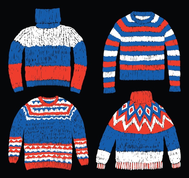 Desenhos à mão livre de suéteres de malha de lã para clima frio