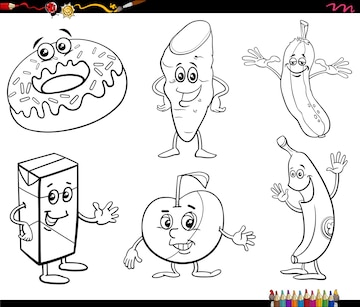 Desenho para colorir do grupo de objetos de comida doce dos desenhos  animados