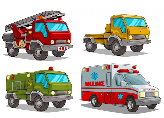 Vetor desenhos animados ambulância bombeiros e caminhão de polícia